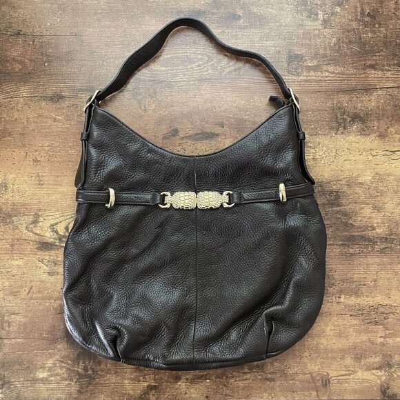 Talbots Brown Pebble Leather Belted Shoulder Bag Gold Hardware Large Handbag - Picture 1 of 9